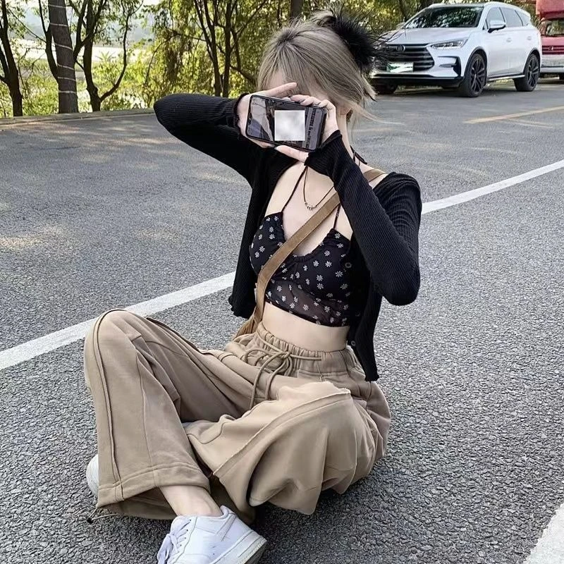Ins Style Brown Retro High Waisted Wide Leg Sweatpants Women Fall Slouchy Drape Loose Casual Pants