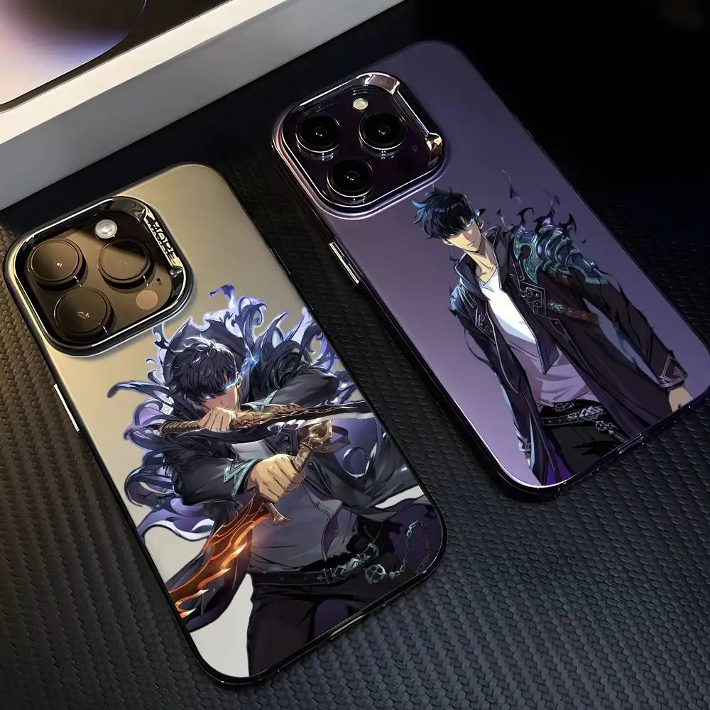 

Anime S-Solo Leveling Phone Case For iPhone 16 15 14 13 12 11 Plus Pro Max multicolor Aurora laser Shockproof Funda Cover