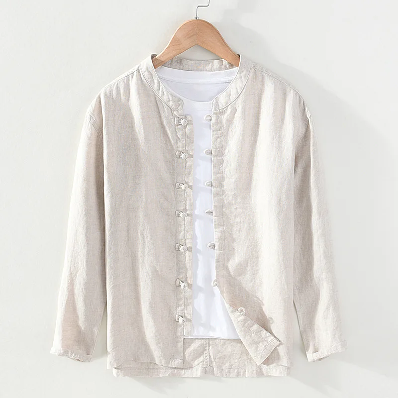 

Retro Chinese Button Pure Linen Long Sve Men's irt Spring 2024 Breathable Casual Faion Ci Loose Fit All-Season