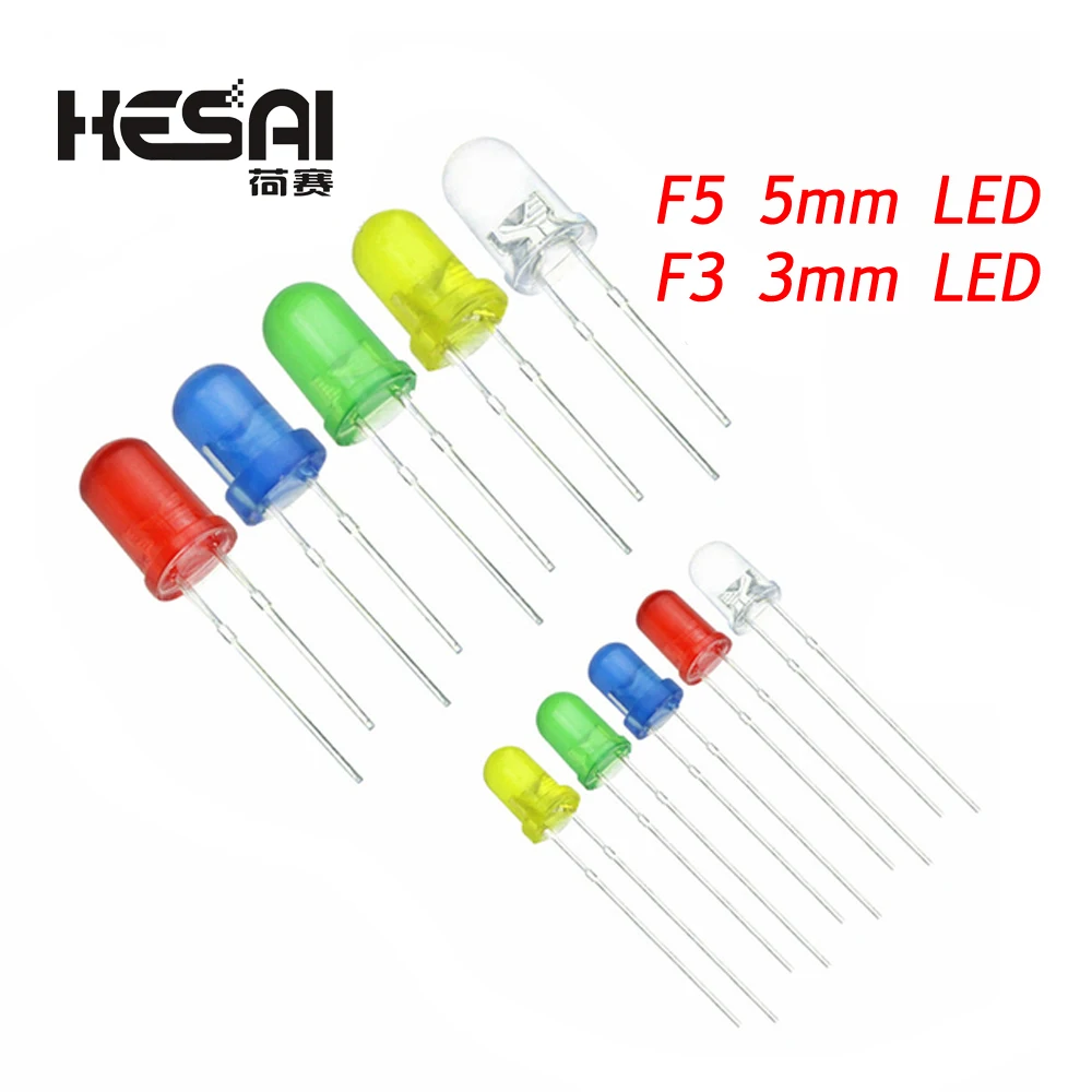 100PCS 3mm 5mm LED Light Emitting Diodes 5 Colors Electronic Components Red Green Blue White yellow Color DIY Kit LED Light