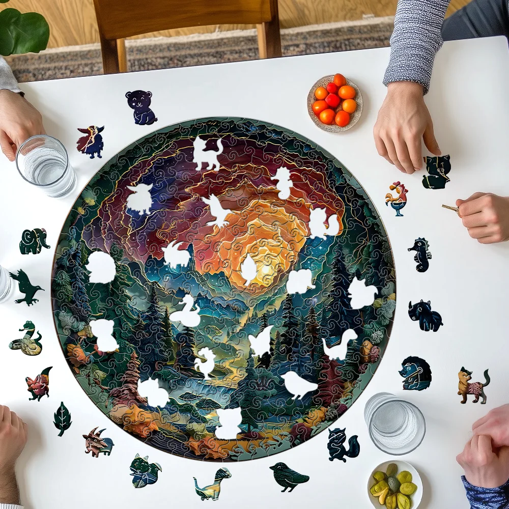 Sunset Forest Puzzle - Unikalne drewniane puzzle, odpowiednie na rodzinne wieczory gier, idealne na Boże Narodzenie, Halloween, prezenty urodzinowe