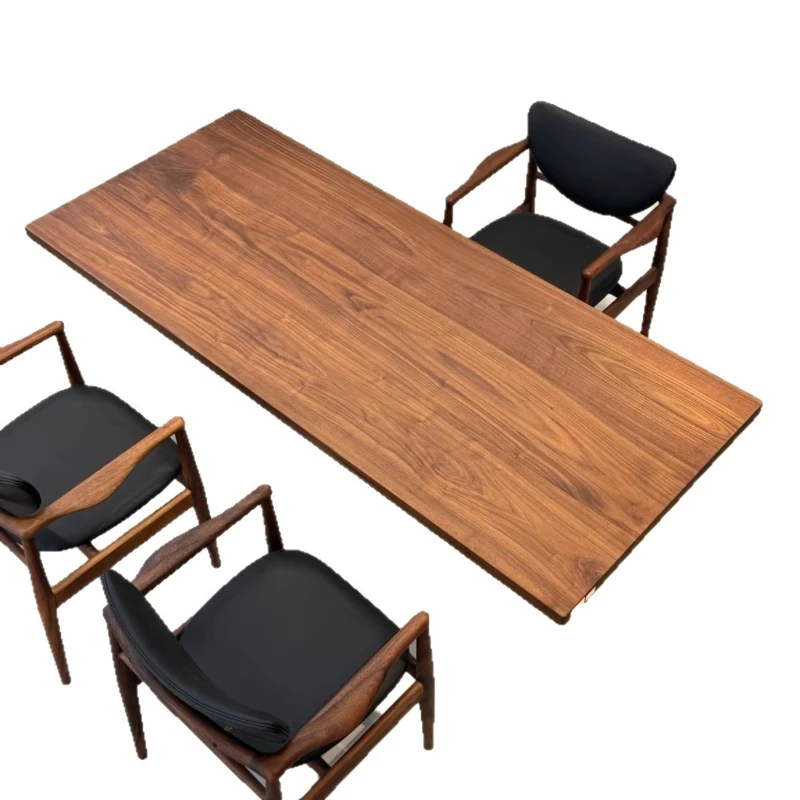 

All solid wood log large board tea table and chair combination desk whole black walnut dining table household
