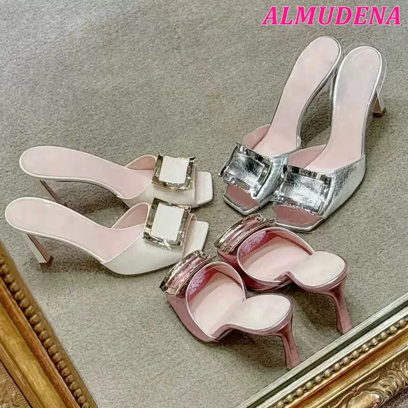 

Square Buckle High Heels Slippers Women Metallic Leather 2024 New in Summer Mules Luxury Designer Party Elegant Shoes