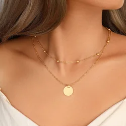 Trendy Vintage Round Pendant Necklace for Women Double Layer Beads Chain Chokers Necklace Golden Color Collar Jewelry Girls Gift