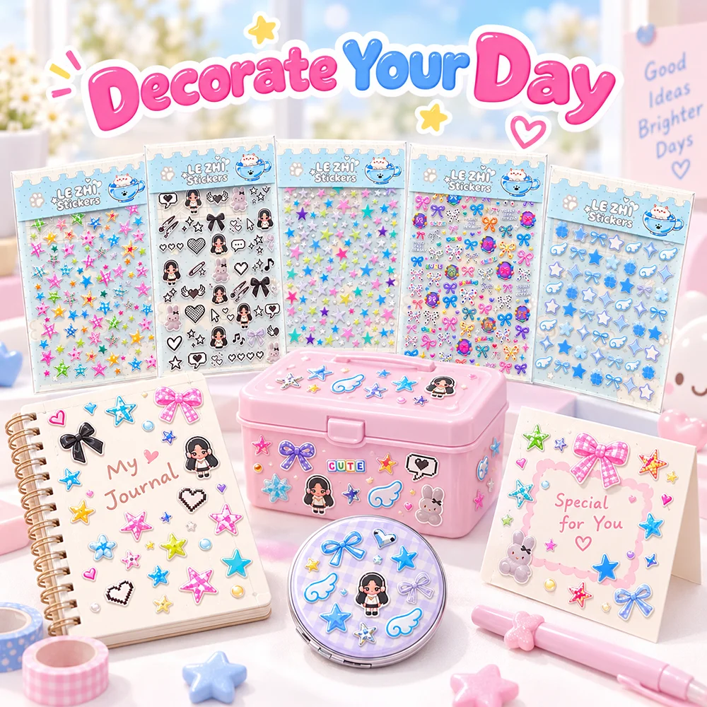 Sweet Kawaii 3D Stickers Pastel Stars Bows Hearts Puffy Decorative Charms for Journal Phone Case Notebook DIY Craft Decor