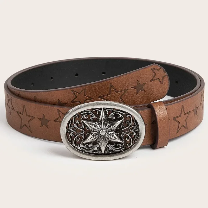 

European and American Style Spicy Girl Daily Brown Texture Star Buckle Belt Star Print Pattern Batch Belt for Both Men and Women