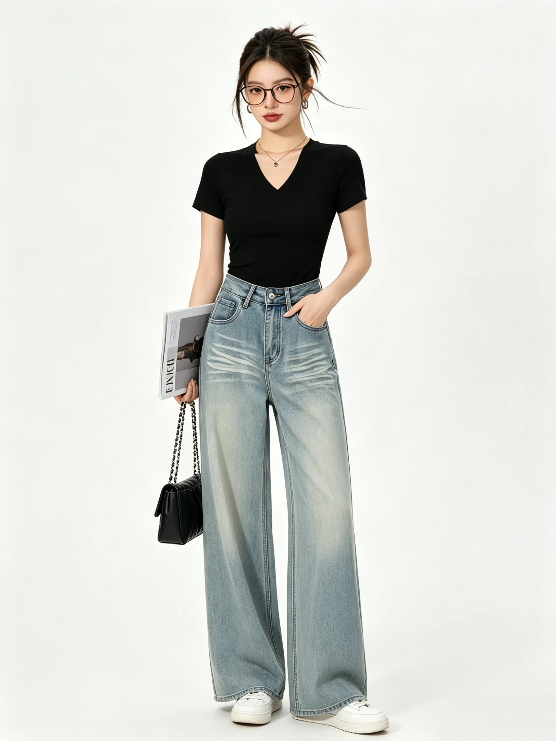 

High Waist Wide Leg Denim Jeans Women's Loose Floor-Length Pants Summer New Style Korean Washed Blue Gradient Slimming