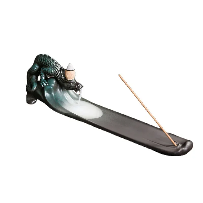 1pc Ceramic Handicrafts Lucky Feng Shui Dragon Backflow Incense Burner Incense Stick Holder Censer Home Ornament Office Decor