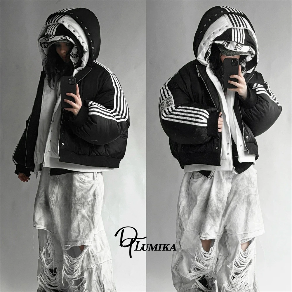 DTLumika العصرية الجديدة معطف دافئ للجنسين الرجال النساء سترة الشارع موضة هوديي Straiped سترة المتضخم لخريف شتاء #4