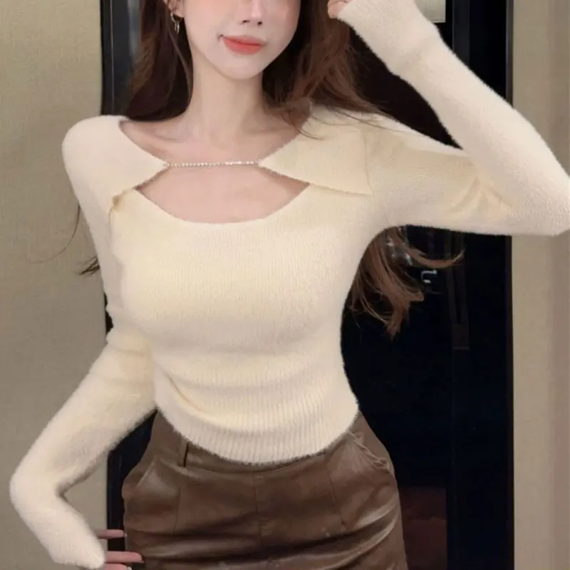 

Fashion Chain Spliced Slim Sweaters Autumn Winter Solid Color Female Clothing Long Sleeve French Style O-Neck Knitted Pullovers