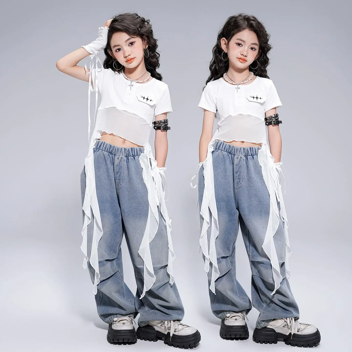 

Kid Hip Hop Clothing White Strap Crop T Shirt Top Denim Blue Casual Parachute Jeans Baggy Pants for Girl Dance Costumes Clothes
