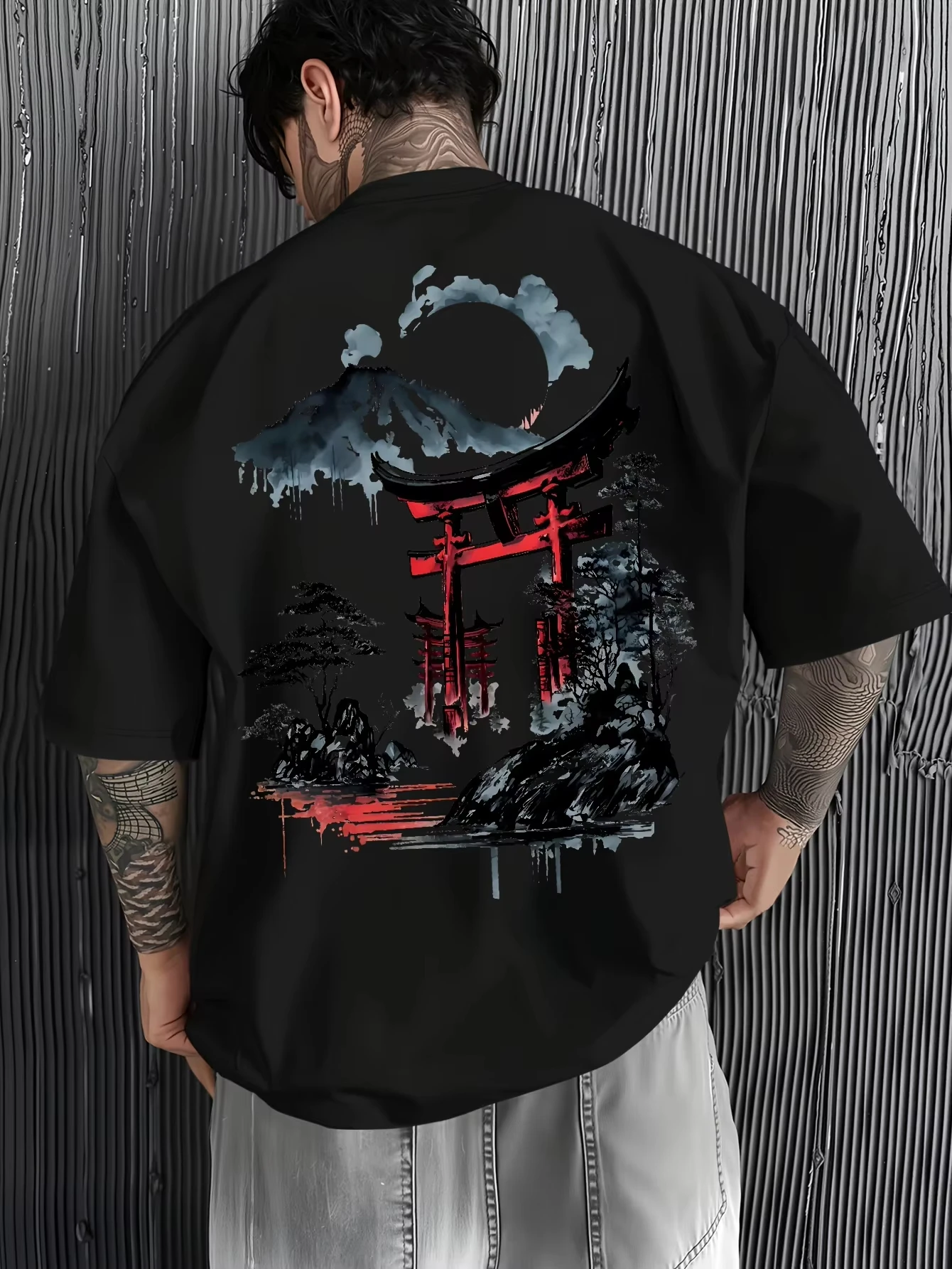 Japanese Ukiyoe Torii Gate&Fuji Mountain Print 100%Cotton Men Woment T-shirt SummerAutumn Daily Sports Casual Loose Short