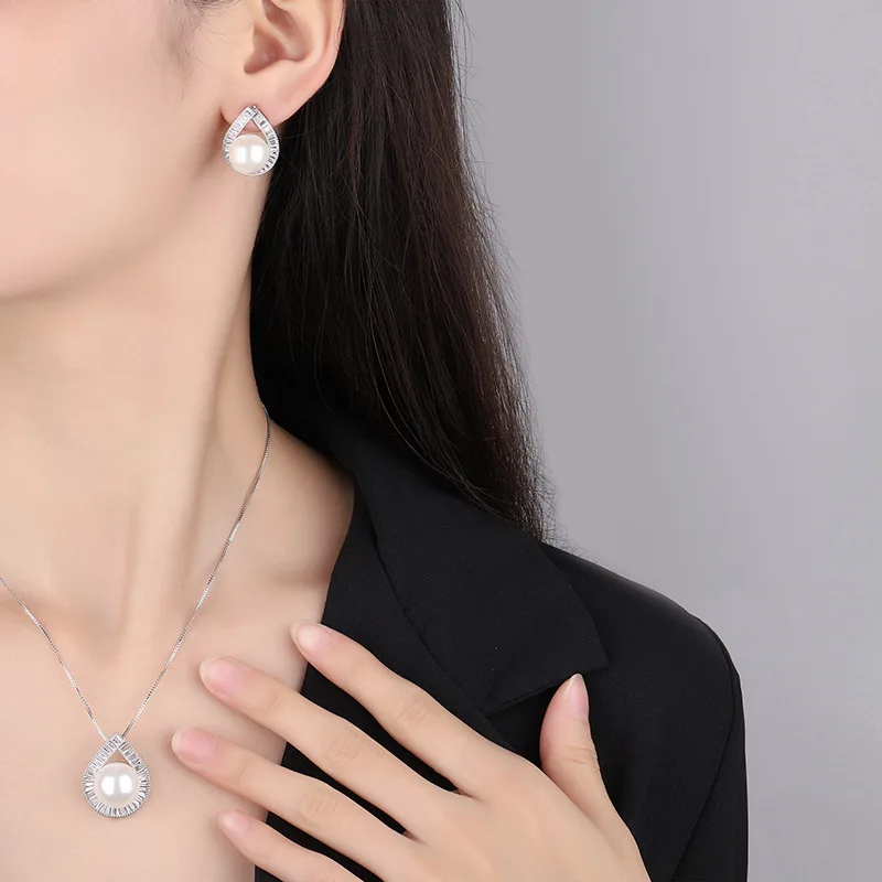 Jewelry Gold Plated Inlaid Mother-of-Pearl Pearl Fashion Geometric Diamond-Studded Texture Set 16mm 14mm