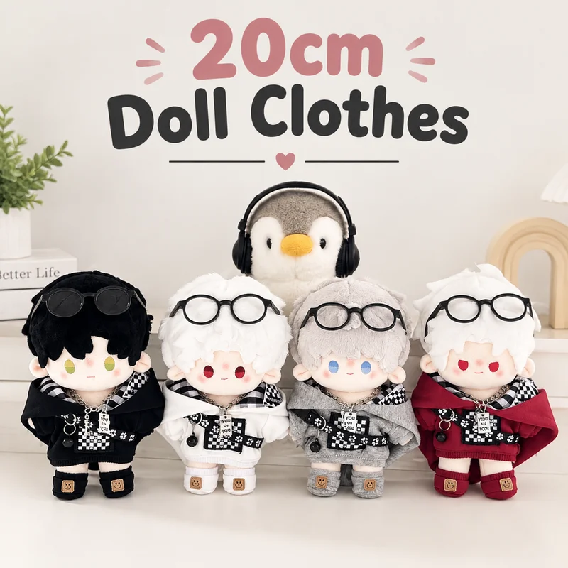 20cm Cotton Doll Clothes Checkered Hoodie Set Stuffed Plush Doll Casual Outfit Replacement Costume Accessories