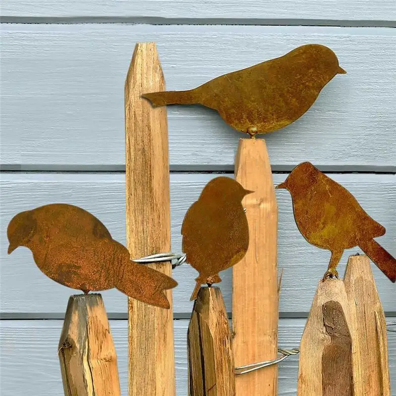 A76I-Rusty Birds Decoration, Metal Birds Statues Lifelike Patinas Metal Birds Garden Ornaments Silhouette Garden Fence Decor