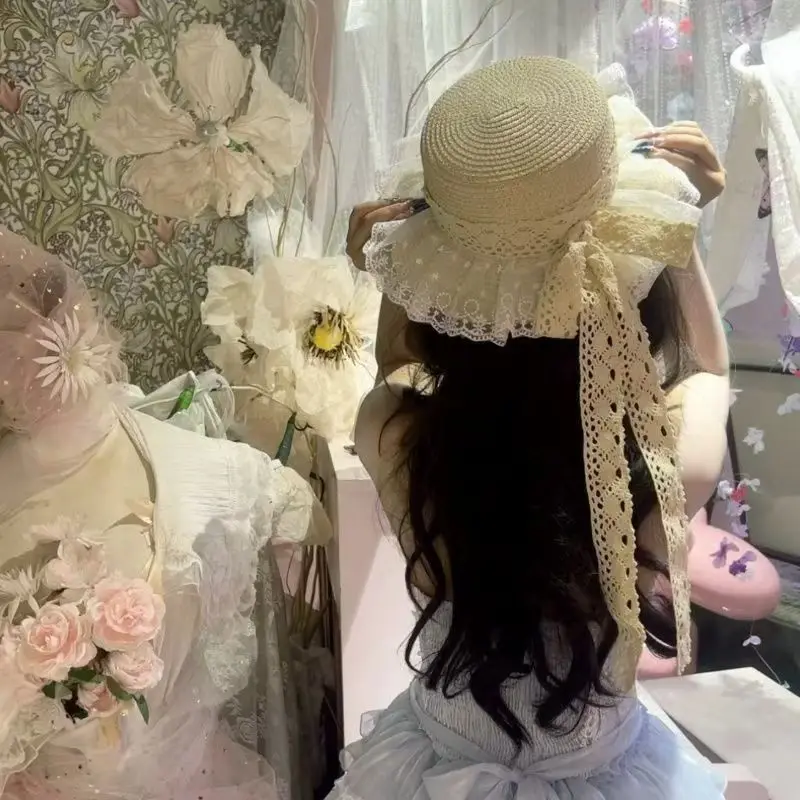 

Lolita Hat With Bowtie Lace Sweet Jk Straw Sun Headress For Women Vintage Summer Boho Photoshoot Accessories Beach Seaside Party