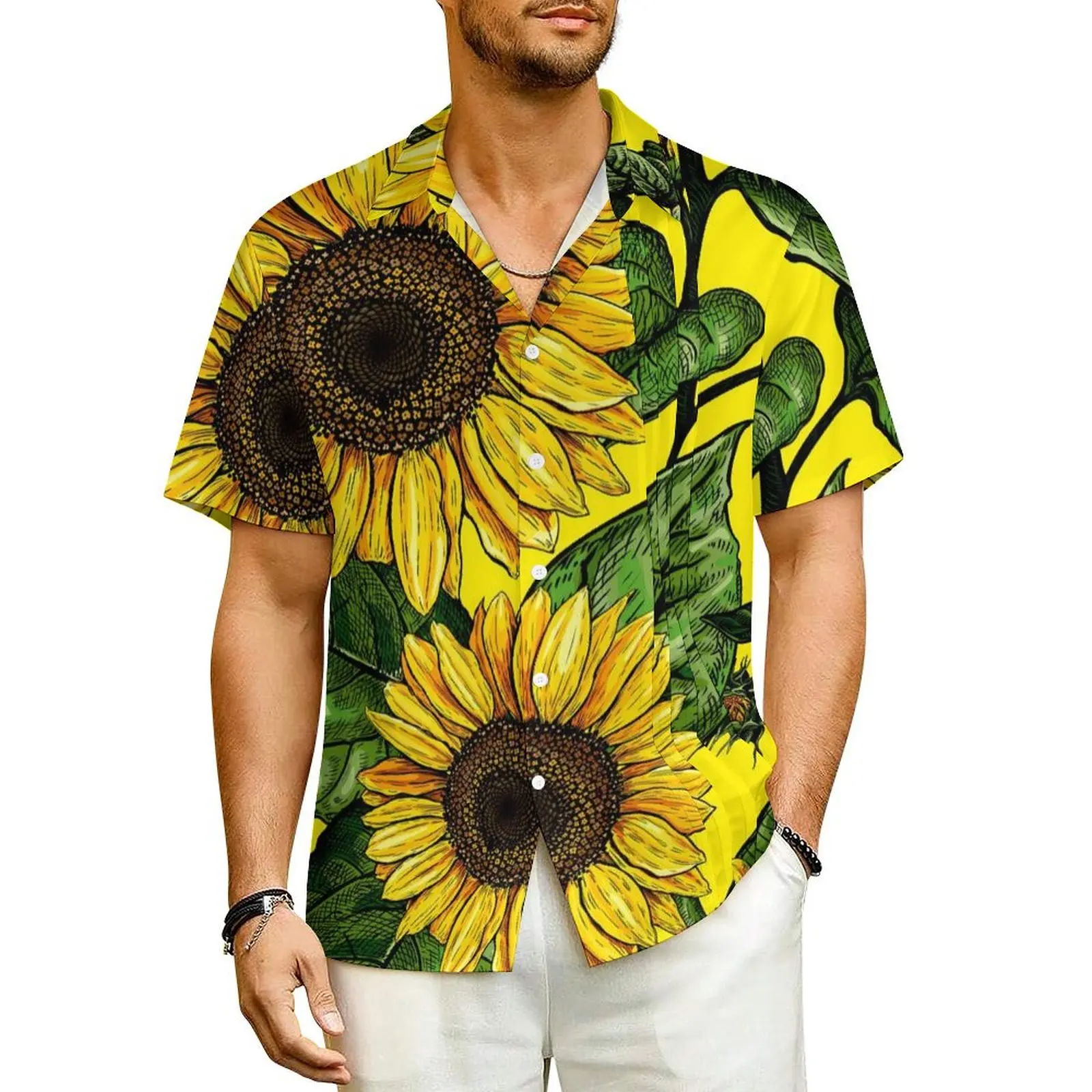 

Summer Shirt Beach Retro Sunflower Blouses Floral Design Classic Casual Shirts Man Short Sleeve Stylish Plus Size 3XL 4XL Top