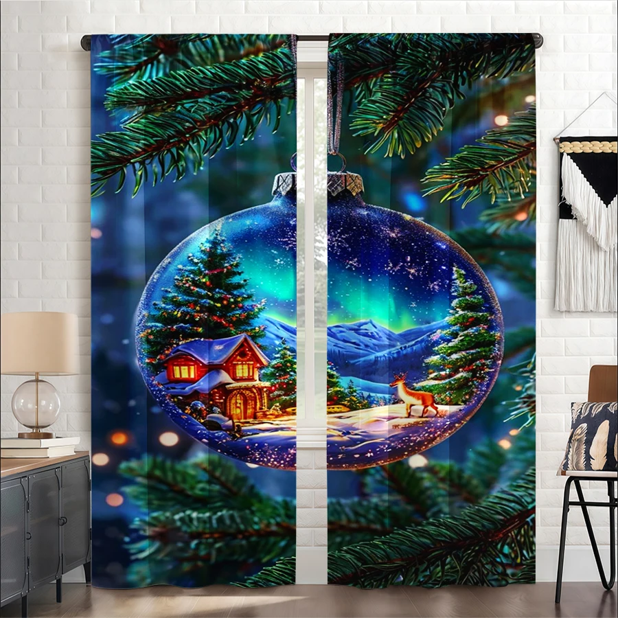 2PCS Christmas Winter Curtains, Snow Globe Aurora Cabin Reindeer, Digital Print, Bedroom Living Room, Home Decor Window Drapes