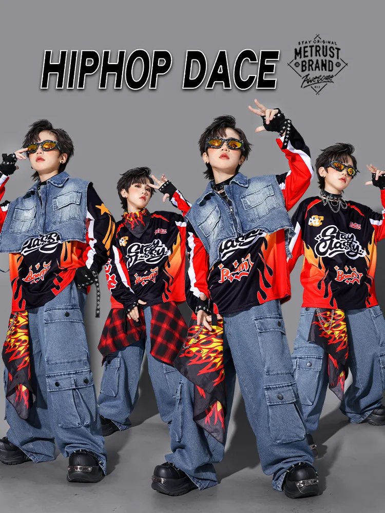 Kinder-Streetdance-Auftrittsoutfit Jungen Hip-Hop Denim-Kleidungsset Atmungsaktive Polyesterfaser Rundhals-Print-Design – Detail 14