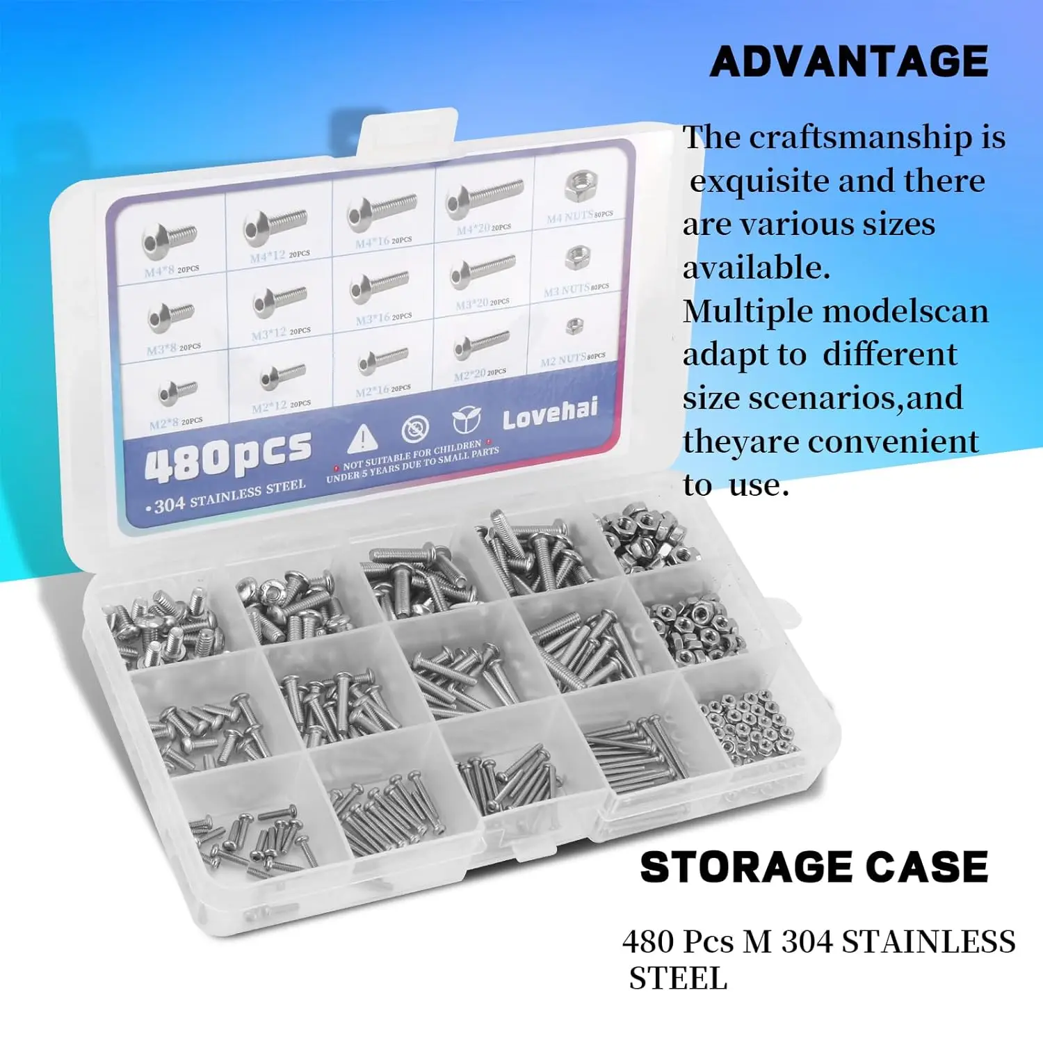 

480 pieces of M2, M3, M4 304 stainless steel metric screw classification button head hexagonal screws, bolts with nuts, combinat