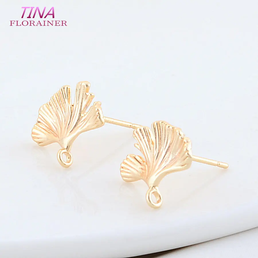6PCS 12*14MM 18K Real Gold Plated Brass Leaf Leaves Stud Earrings High Quality DIY Earring Jewelry Making Finding Accessories