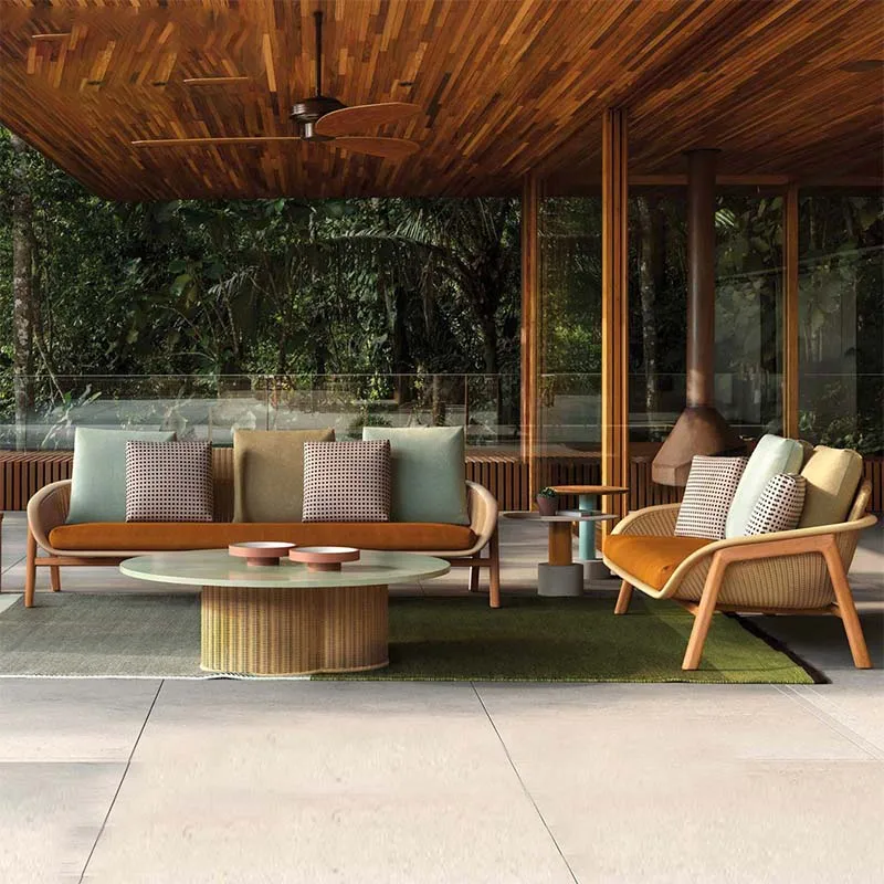 Outdoor Rattan Sofa, Leisure Solid Wood Coffee Table Combination, Outdoor Garden, Courtyard, Villa, Table And Chair Furniture