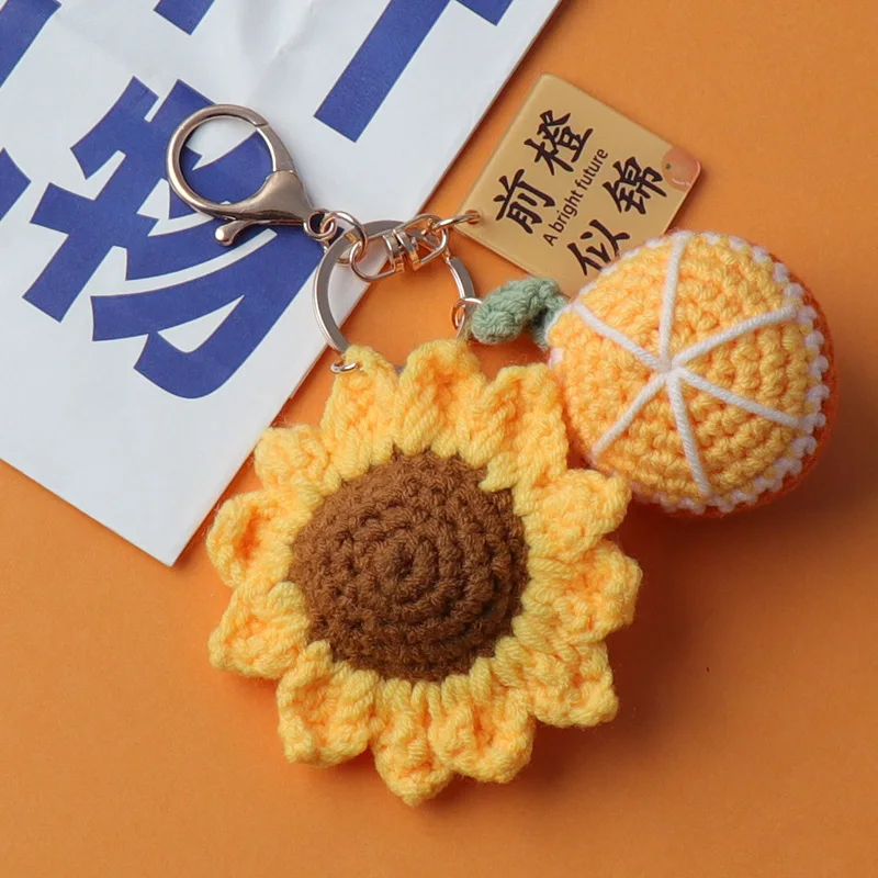 Kawaii Orange Sunflower Pendant Key Chain Implying A Promising Future Handmade Crochet Bag Decoration Plush Toys Adult Gifts