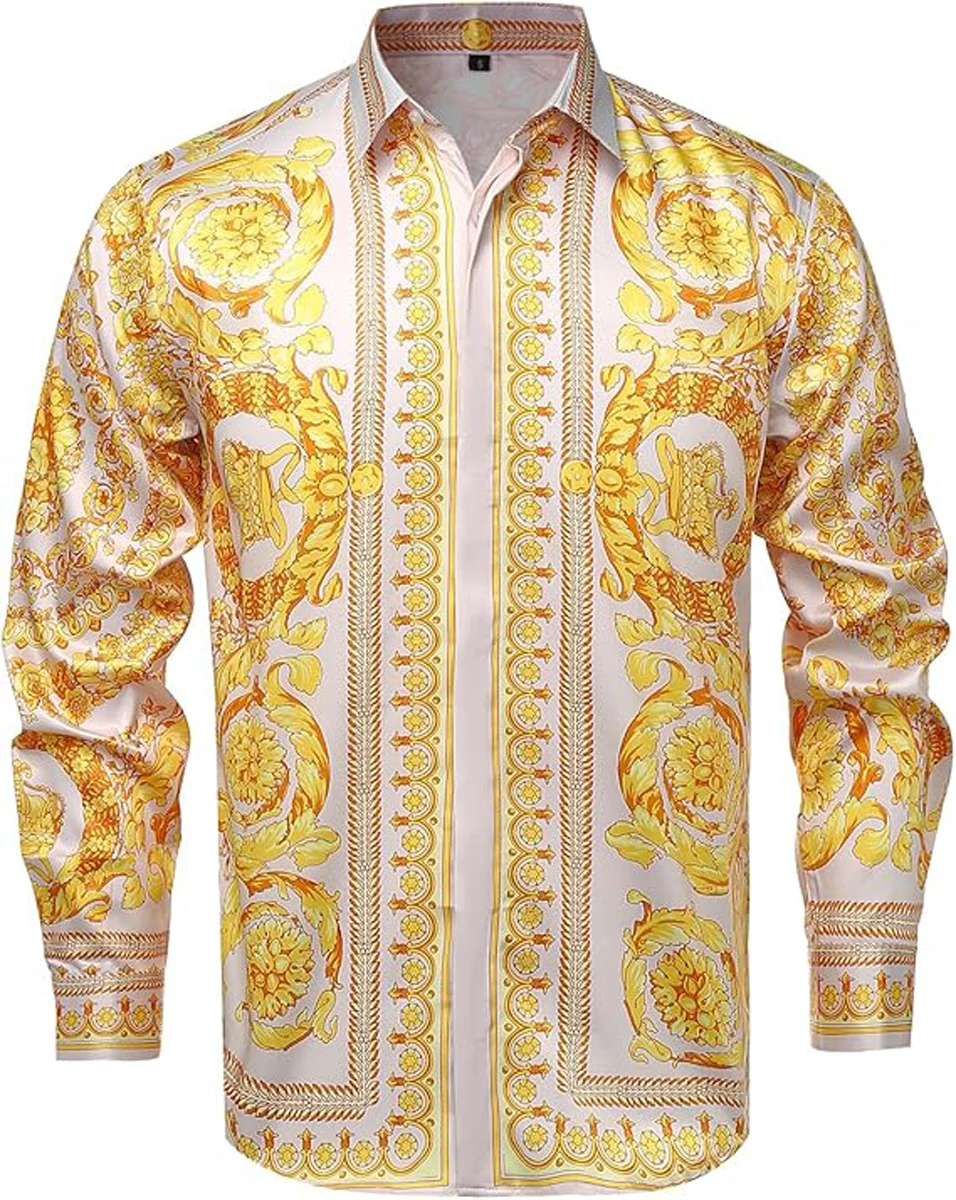Men Luxury Pink Gold Baroque Scroll Floral Harp Medallion Print Long Sleeve Shirt Turn Down Collar Formal Party Daily Tops