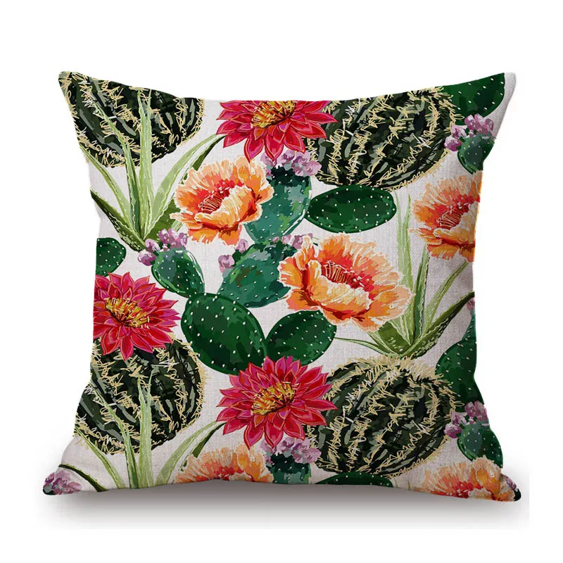 Tropical Plant Flower Cactus Succulent Watercolor Painting Art Cotton Linen Sofa Throw Pillow Case Home Decorative Cushion Cover
