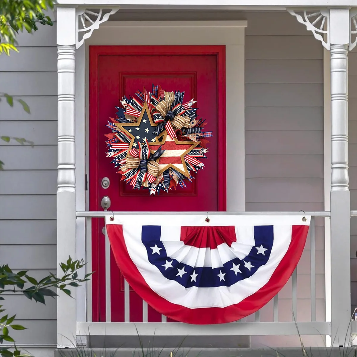 

1Pc Patriotic Wreath and 2Pcs American Pleated Fan Flag Kit, 17.7in Memorial Day Pride Garland for Front Door, Red White