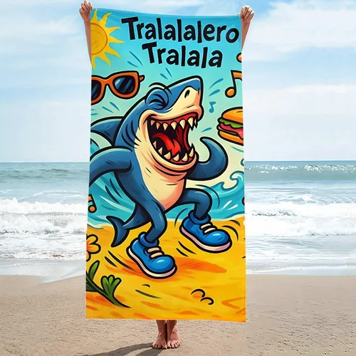 Interesante toalla de playa estampada Tralalero Tralala de tiburón de dibujos animados tropicales, toalla de secado rápido súper absorbente antiarena