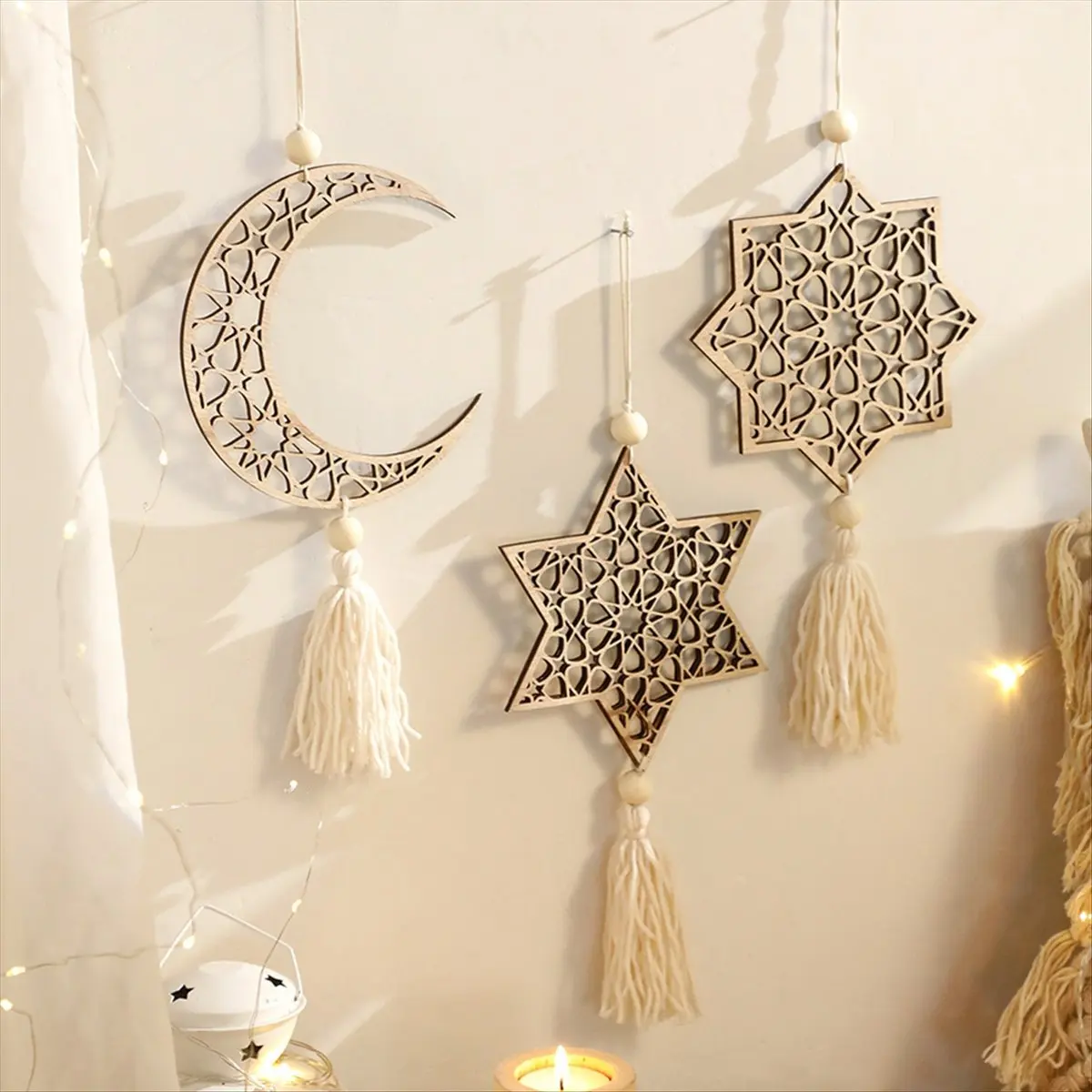 N14R Top Octagonal Star Hollow Wooden Pendant Home Bedroom Wall Decoration Hanging Rack Decoration