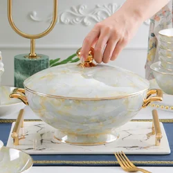 Sale Light Luxury Bone Porcelain Soup Pot Household Double Ear Gold Border Large Bowl and Tableware with Cover Court Style