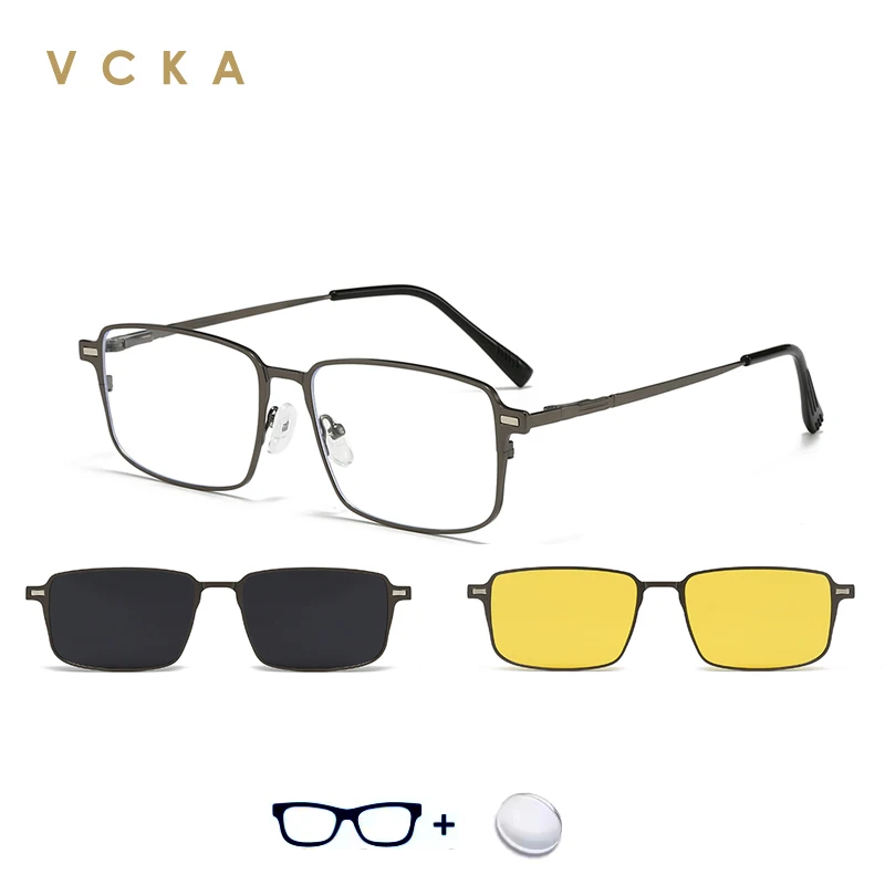 VCKA 3 in 1 Magnetic Clip Men Polarized Myopia Sunglasses Custom Square Business Prescription Women Hyperopia Glasses Frame