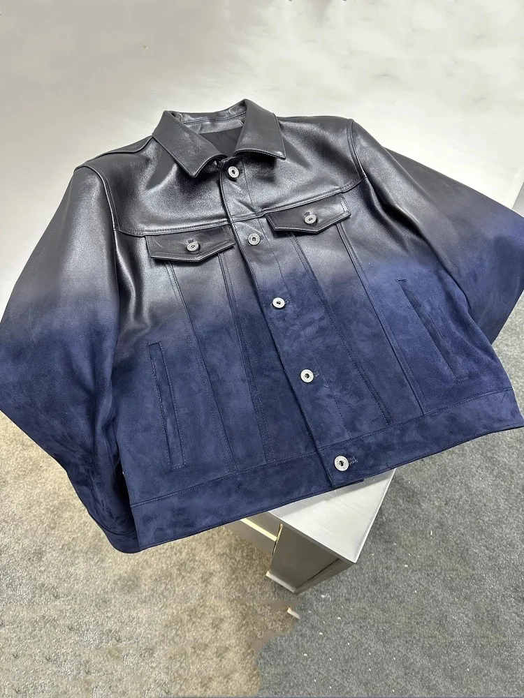 High Quality Mens Sheepskin Genuine Leather Jacket Personality Runway Gradient Motorcycle Short Coat Single Breasted Outerwear