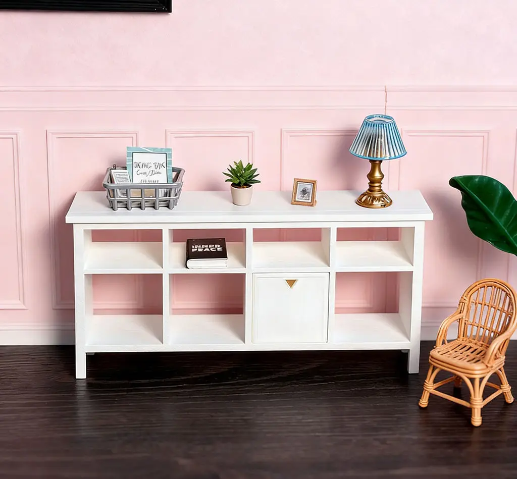 

1:12 Scale Dollhouse Miniature Console Table, Modern Open Storage Shelf, Living Room Sideboard Furniture for Diorama Scene Decor
