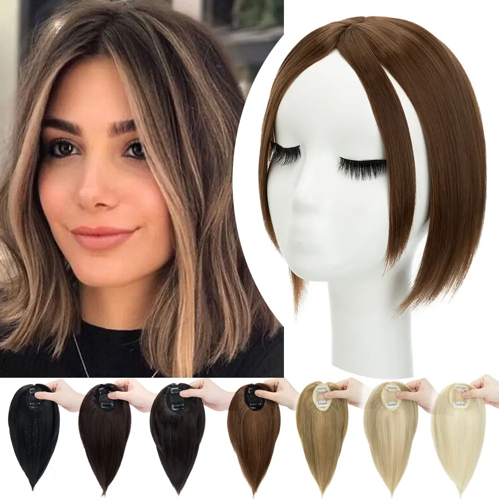 Snoilite Synthetic Middle Part Topper Hairpiece with Bangs Clip-In Bangs Extension Natural Invisible Clourse Hairpiece for Women
