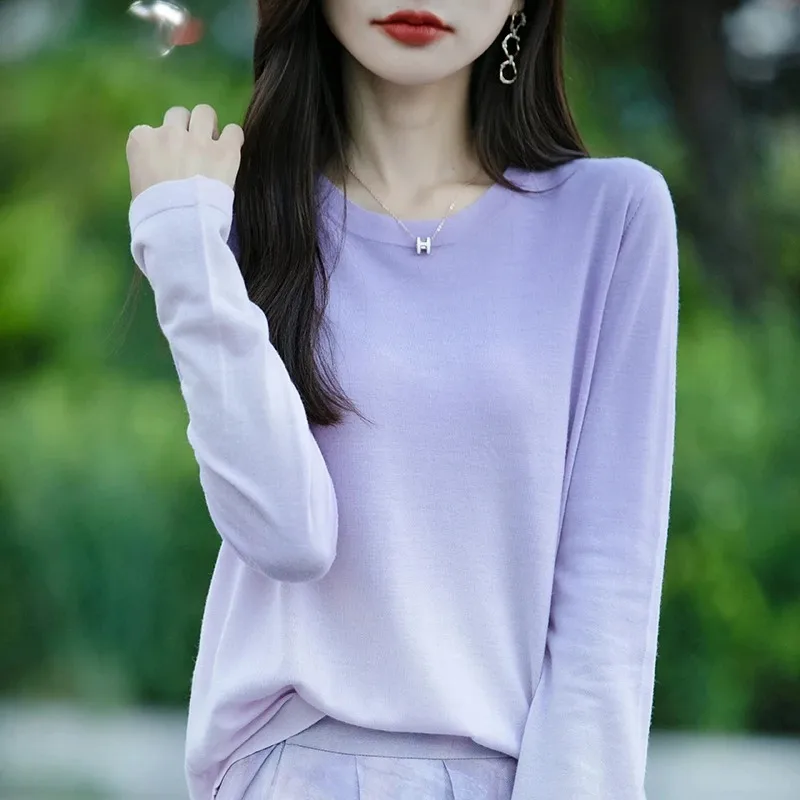 Women Spring Autumn Knit Top Round Neck Loose Thin Long Sleeve Gradient Color Casual Base Shirt