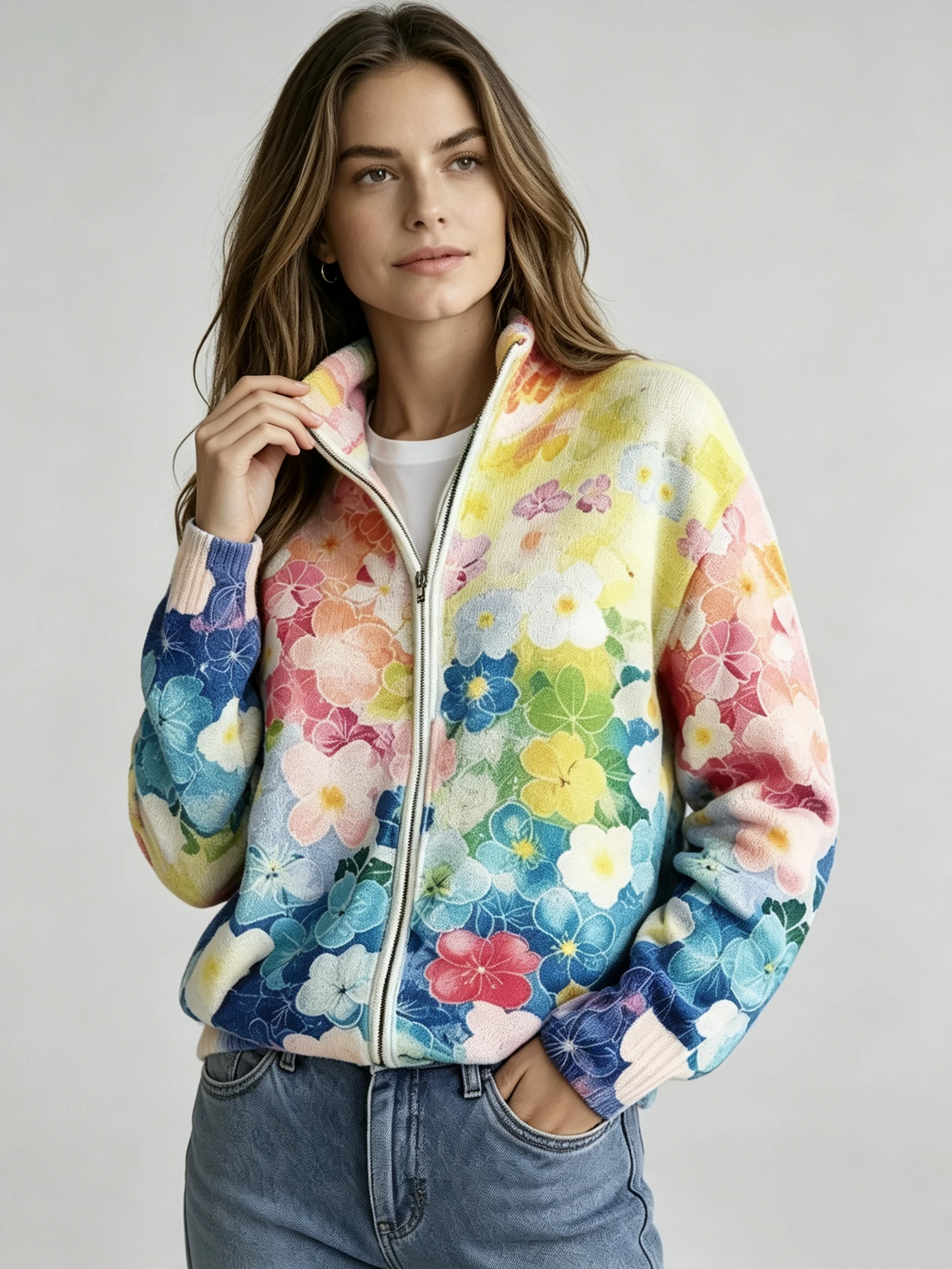 Women Stand Collar Quilted Fleece Lined Jacket, Windproof Warm Outdoor Coat With Gradient Watercolor Hydrangea Floral Print