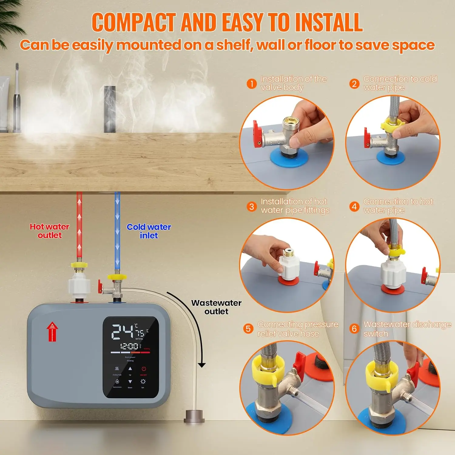 

Электрический мини-нагреватель горячей воды, мгновенный нагреватель 2,6 галлона, 1500 Вт, 110 В, маленький, с цифровым дисплеем для кухни, ванной комнаты на колесах
