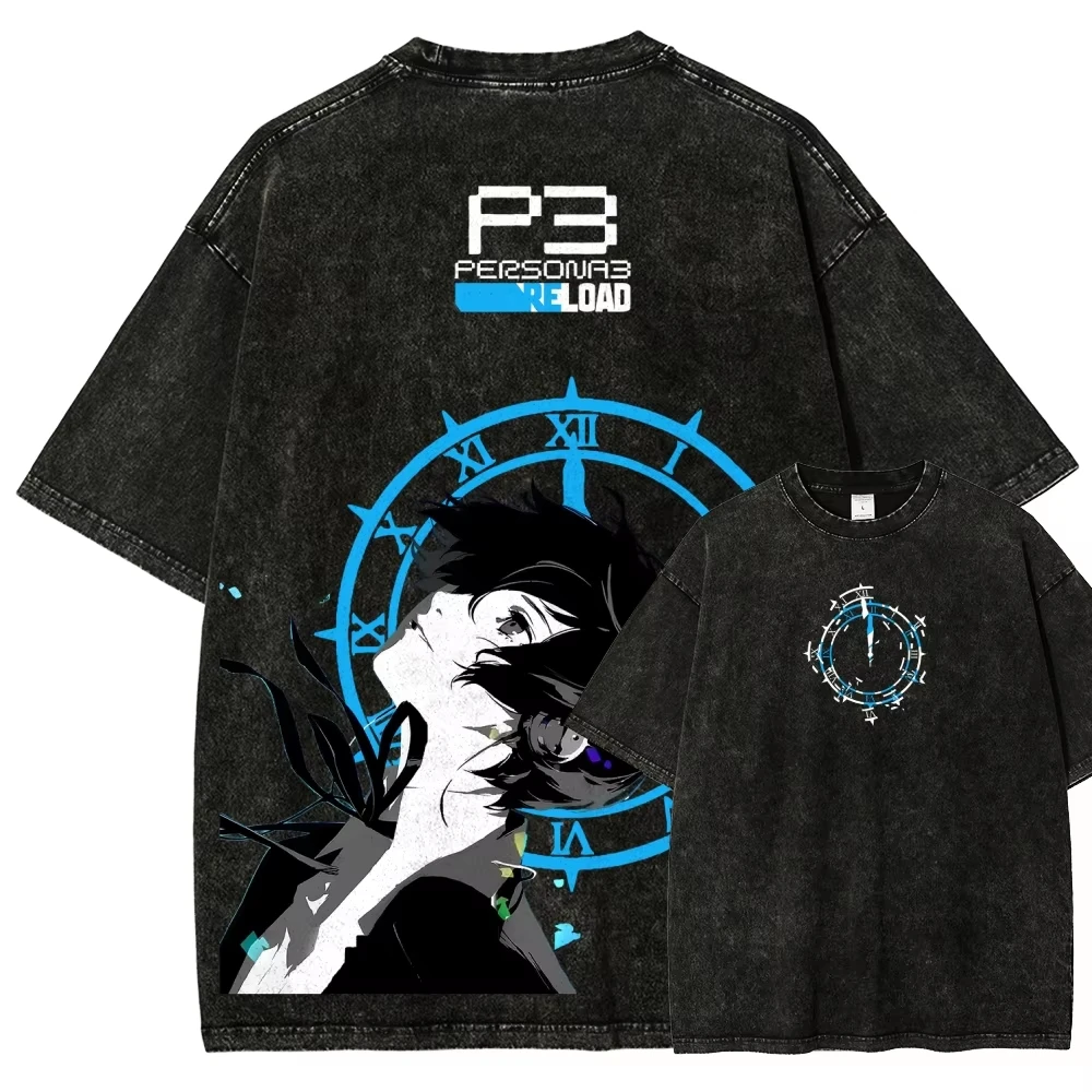 Persona 3 Blue Clock Anime Character Graphic Print T‑shirt Black Washed Oversized Cotton Casual Streetwear Tops