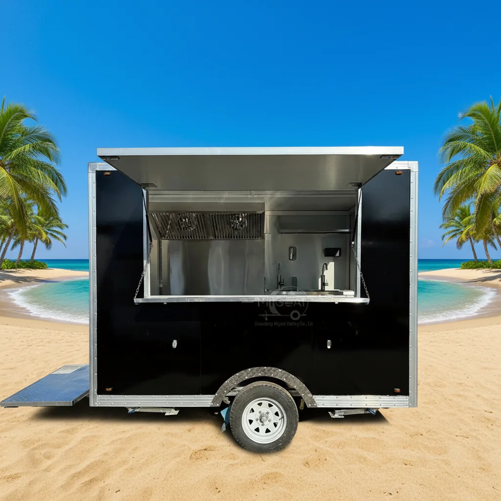 

Мобильный фудтрак из стекловолокна с черным корпусом, настраиваемый под заказ, для коммерческого кейтеринга и розничной торговли, для продажи закусок