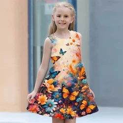 Summer Girl Dress 2024 Kids Clothes Sleeveless O-neck Floral Butterfly 3D Print Princess Dresses For Girls From 2 To 7 Years Old