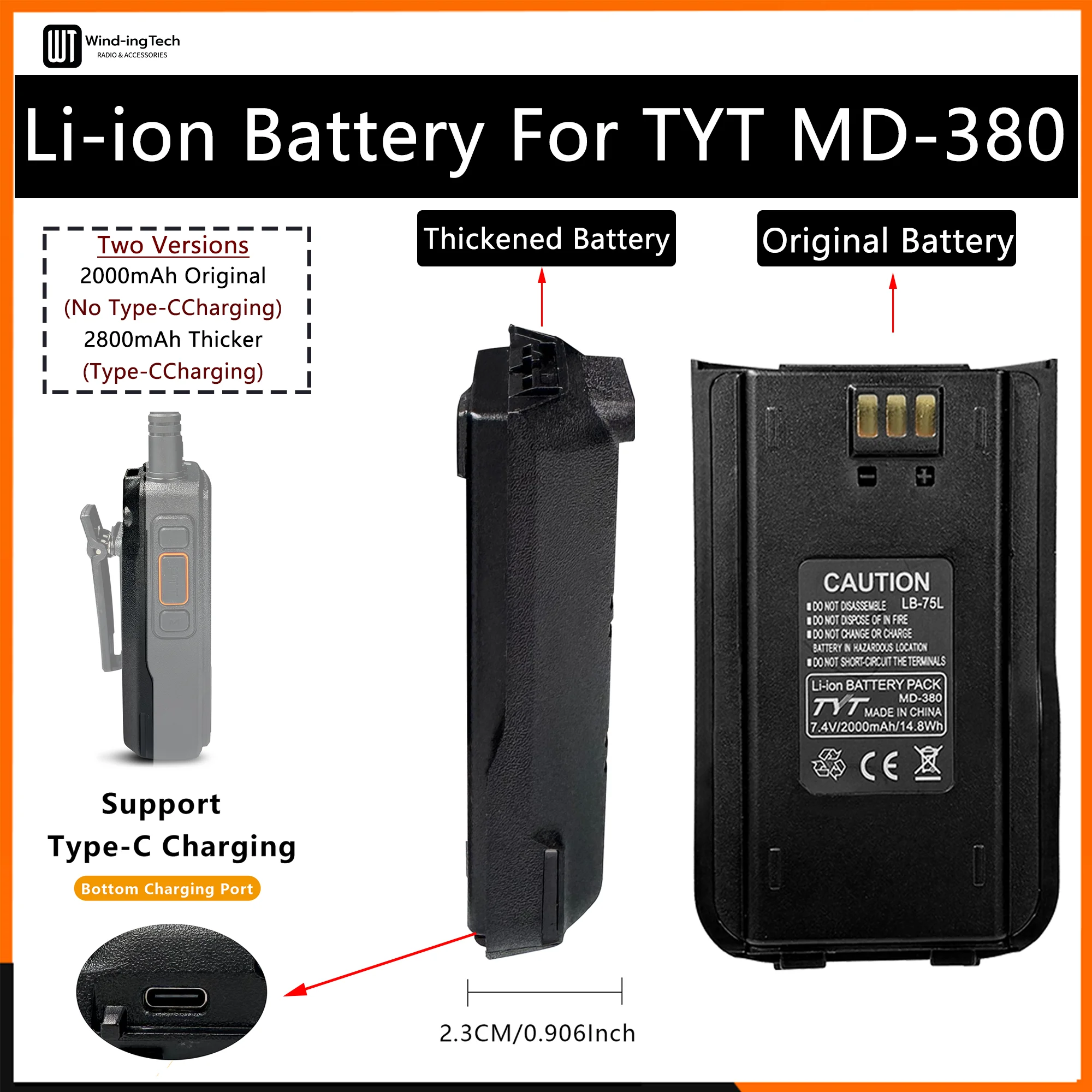 MD-380 Original Battery Thickened Li-ion Battery 2000mAh 2800mAh USB-C Charging Compatible with TYT MD-UV380 DP-290 RT3S Radios