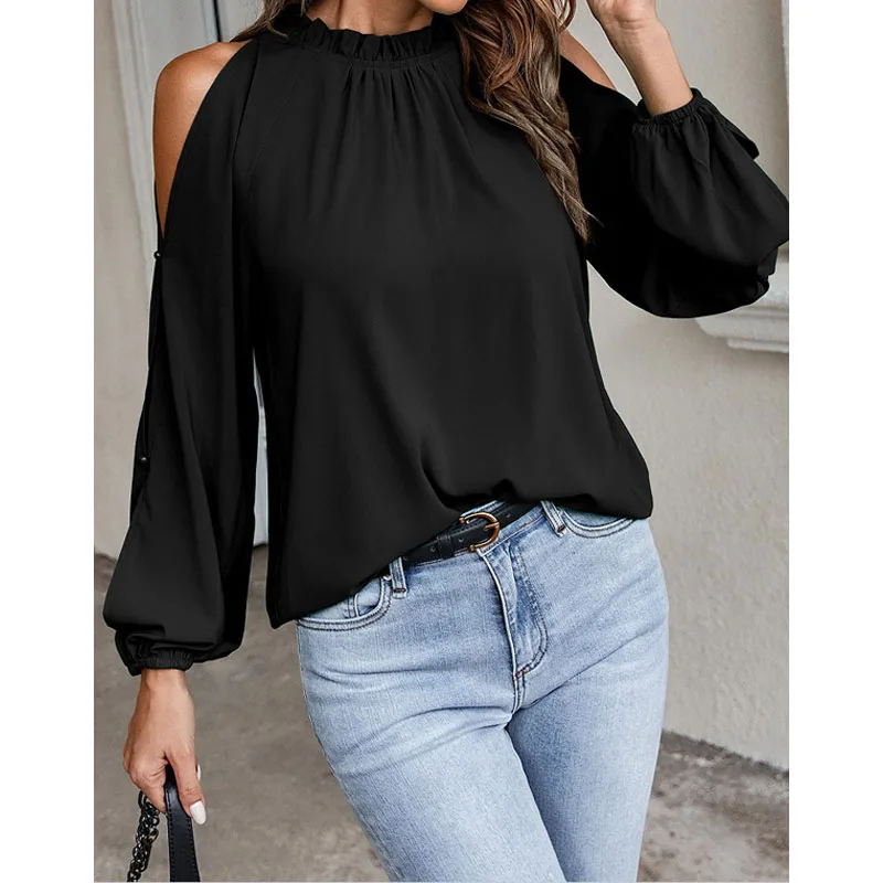 Women\'s Clothing Ruffled Neck Off Shoulder Tops Autumn Winter New Office Lady Long Sleeve Stylish Commute Solid Color T-shirt