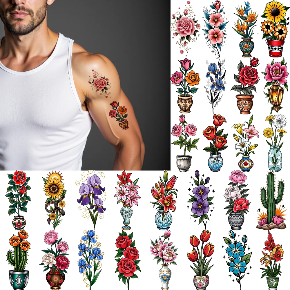 

28pcs Temporary Tattoo Lantern New School Traditional Irises Tulips Waterproof Long-lasting Body Stickers Lilies For Arms