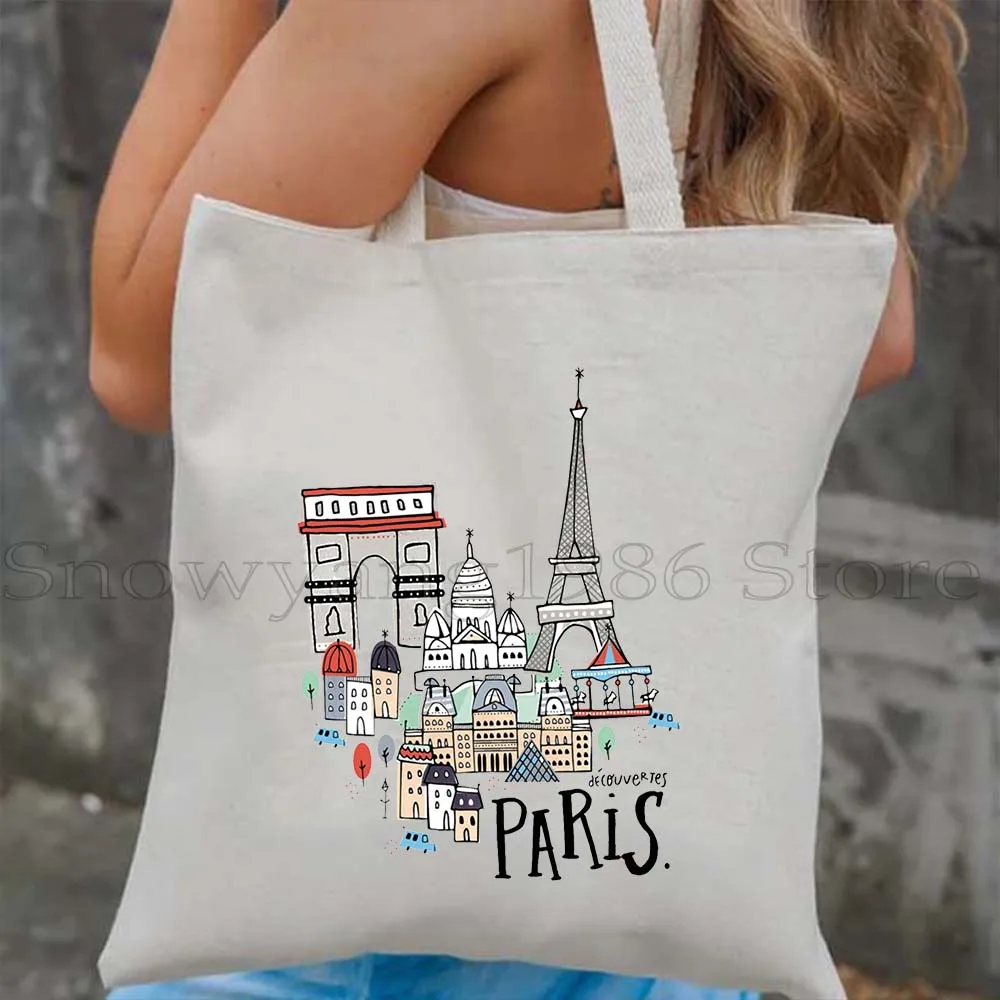 Bonjour Starry Night Paris Rainbow Eiffel Tower France City Love Heart French Flag Map Europe Canvas Shoulder Tote Bag Handbag