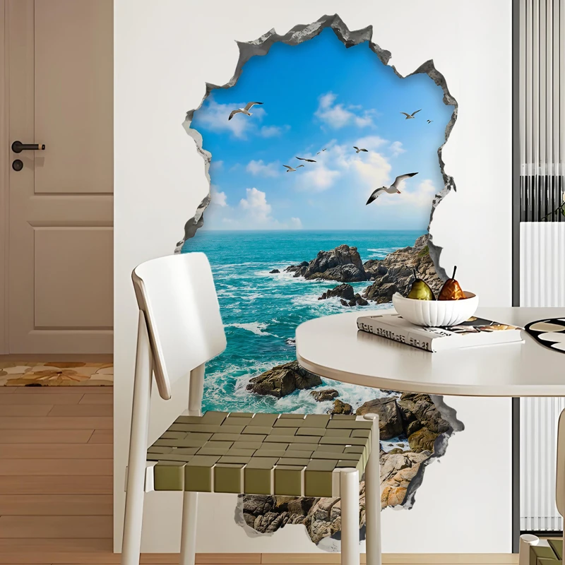 Fresh Sea View Wall Hole Art Reef Rock Seagull Vinyl Mural Stickers on the Door Fridge for Aesthetic Rooms Porch Home Decoration