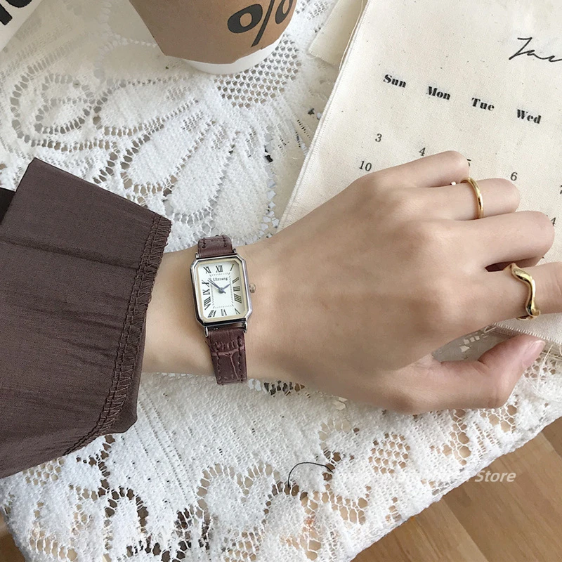 

Классические повседневные кварцевые часы в стиле ретро с циферблатом, кожаный ремешок, женские часы, прямоугольные часы, модные наручные часы, повседневные часы