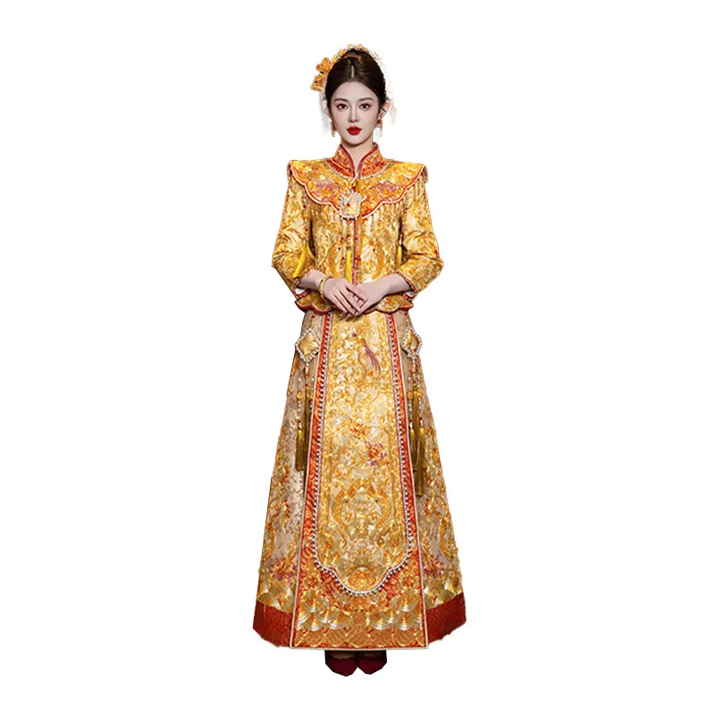 Xiuhe Clothing Bride Dragon Phoenix Jacket Golden Wedding Dress Skinny Pavilion Clothing Wedding Toasting Clothing